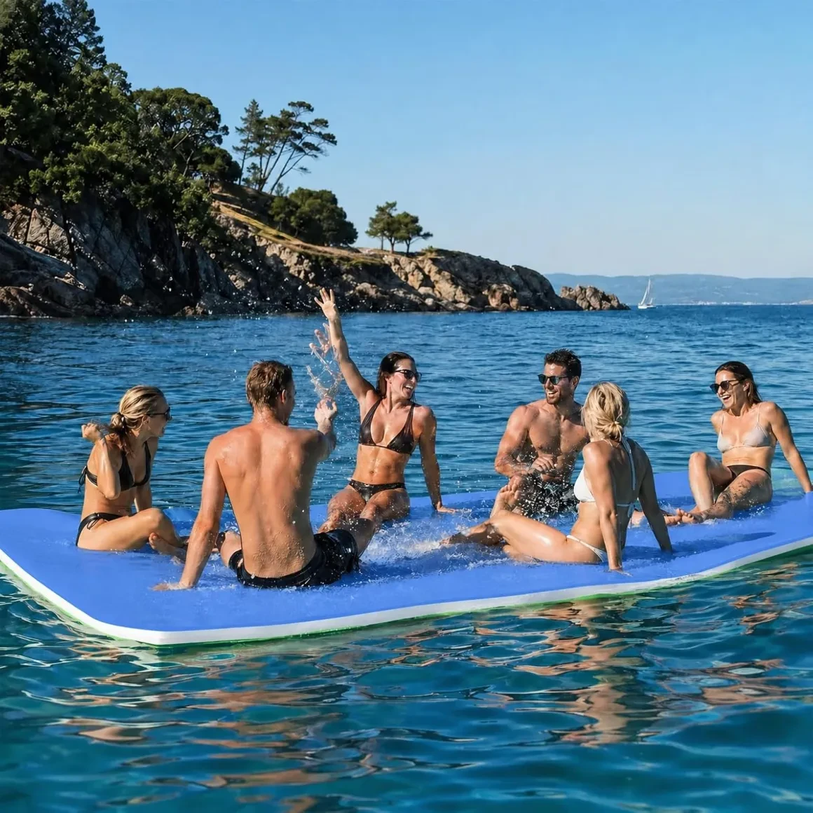 Group enjoying a swim mat on the lake